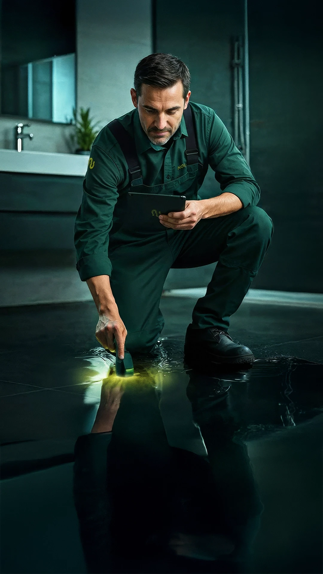 Ein Nolexx-Ortungstechniker ortet Wasserschaden im Boden eines Badezimmers.