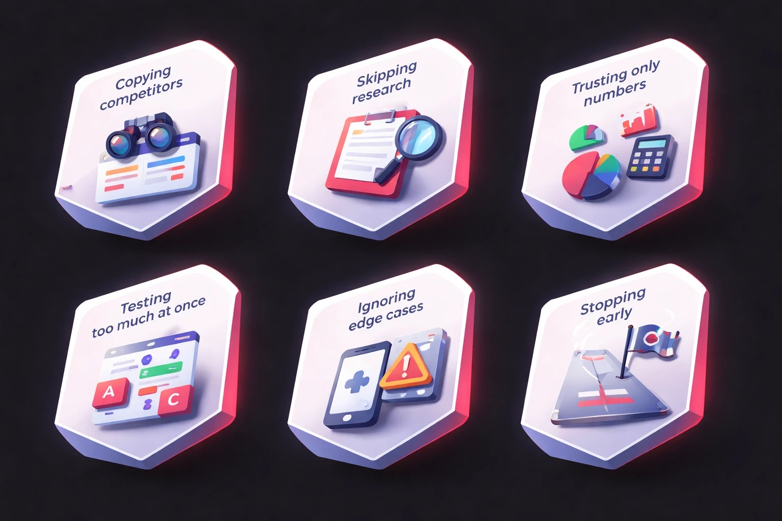 Isometric low‑poly card layout showing six UX mistake cards on a dark background