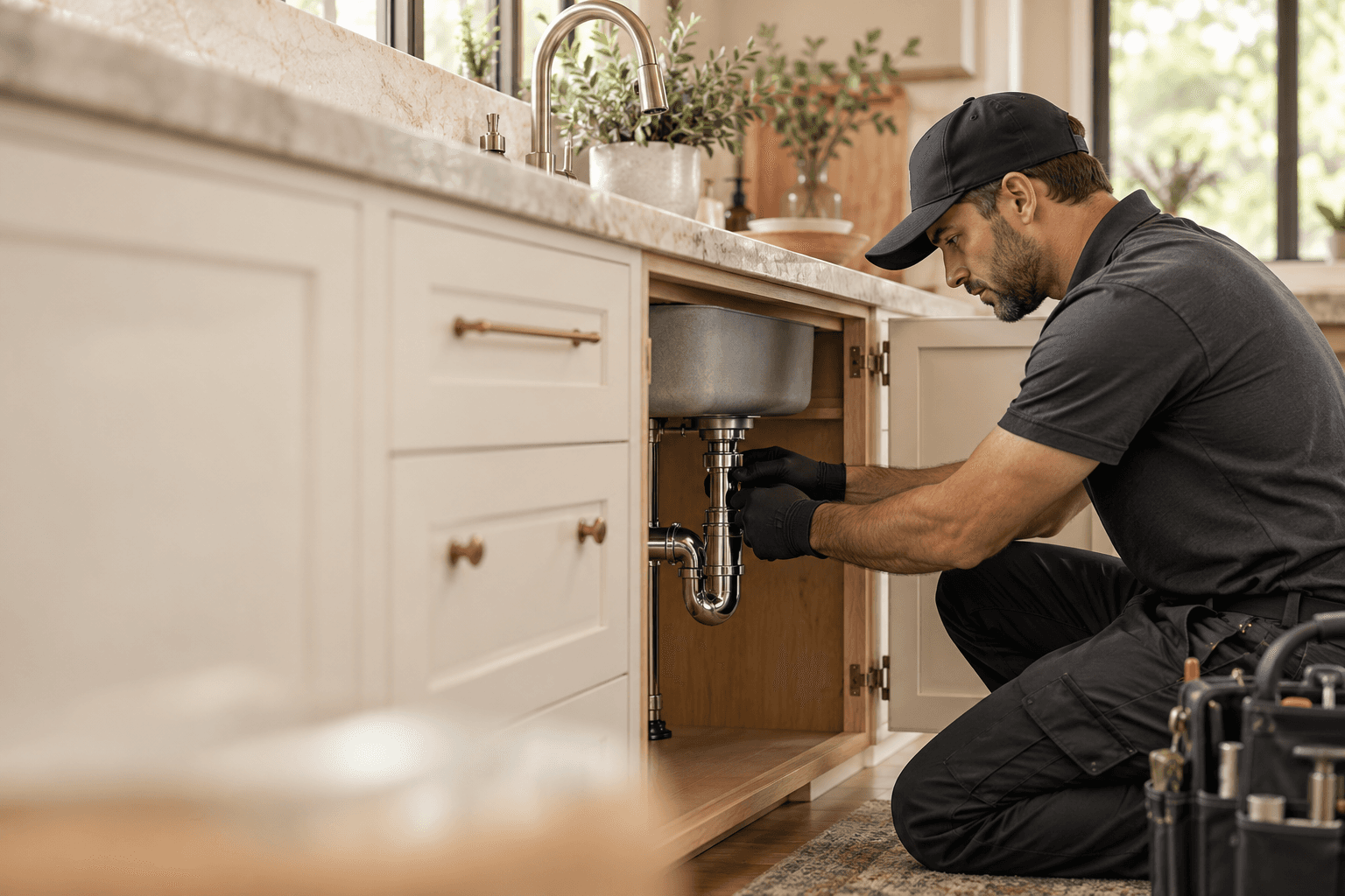 Plumber working on pipes beneath a home sink