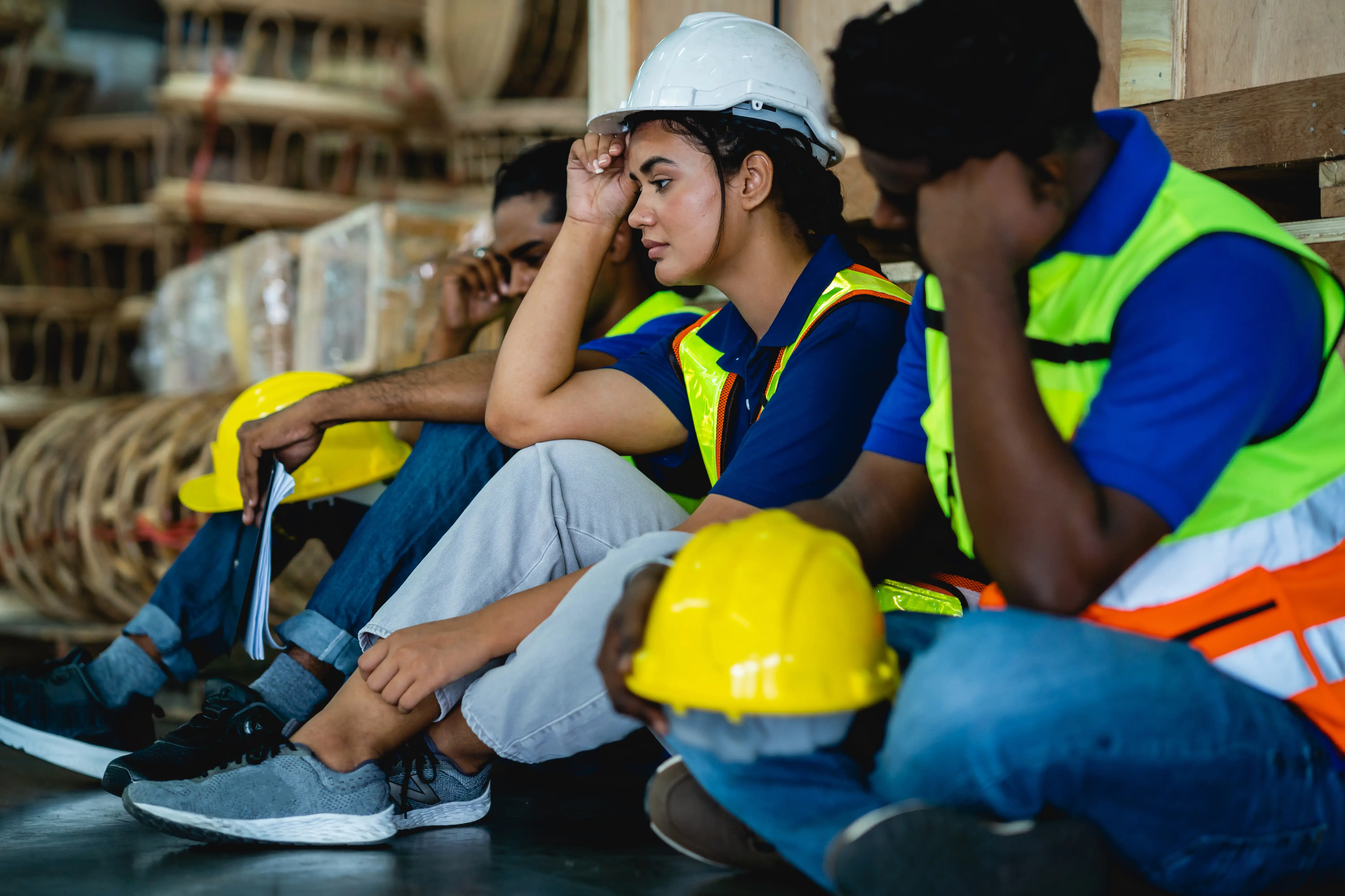Discouraged warehouse workers sitting on the floor in hard hats and safety vests, illustrating workplace retailiation and hostile treatment under California Labor Code Section 1102.5