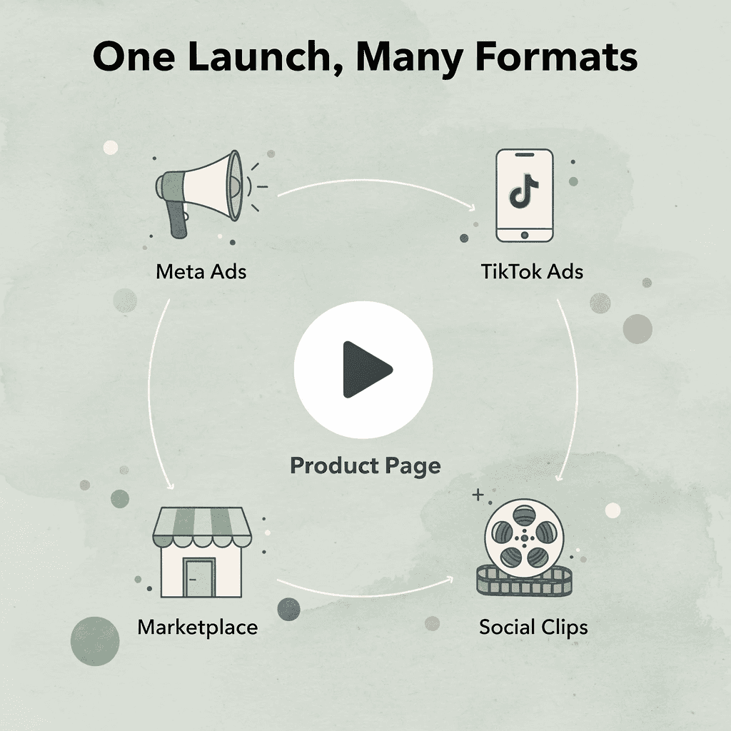 Hub and spoke infographic showing one product launch requiring five distinct video format outputs