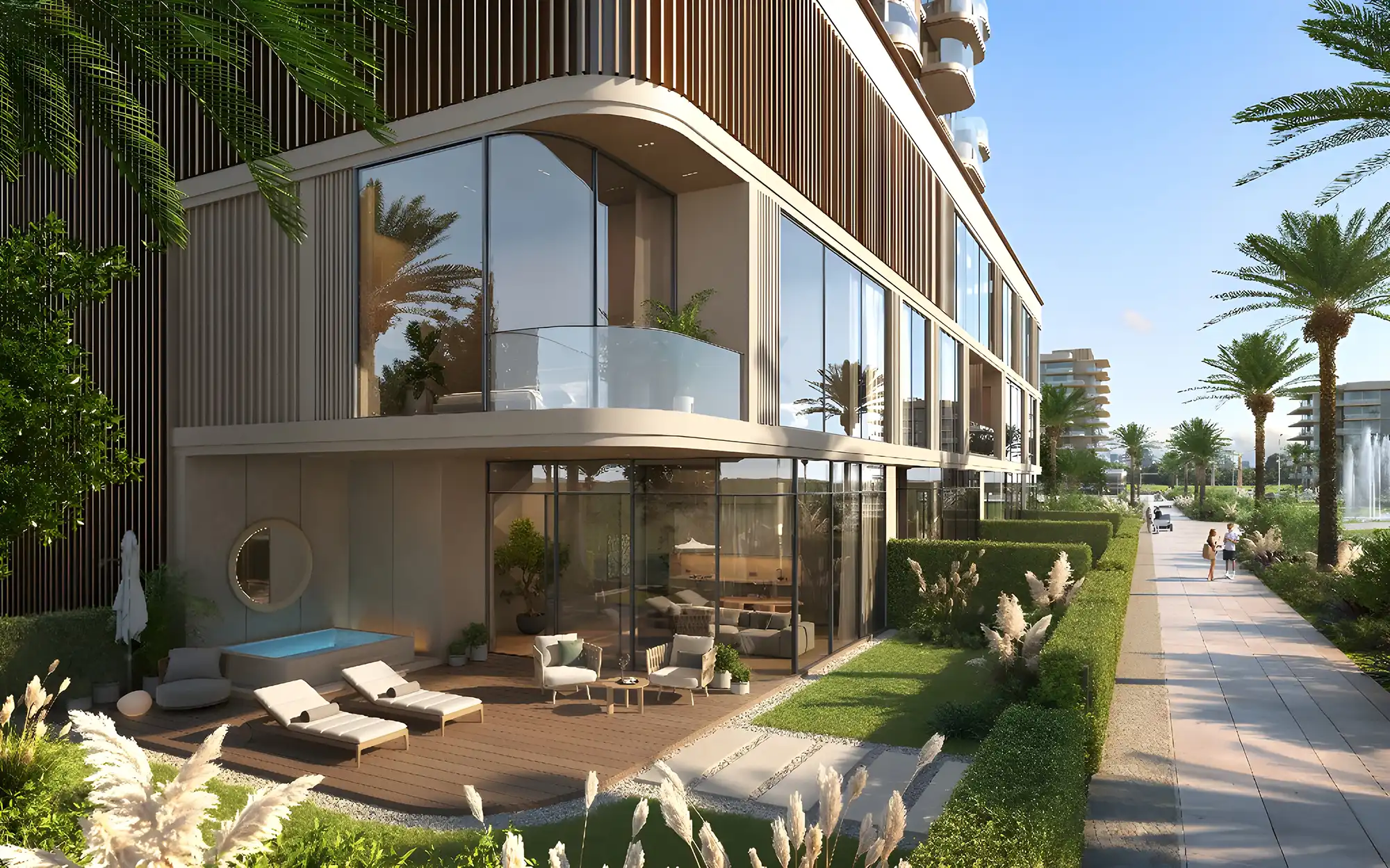 A multi-story apartment building with a swimming pool at its center, marked as the "House of Well."