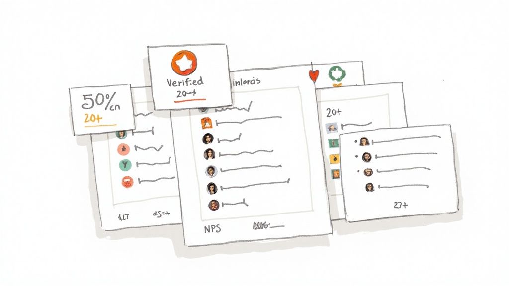 Sketch of overlapping user interface cards displaying data, metrics, user profiles, and verification information.