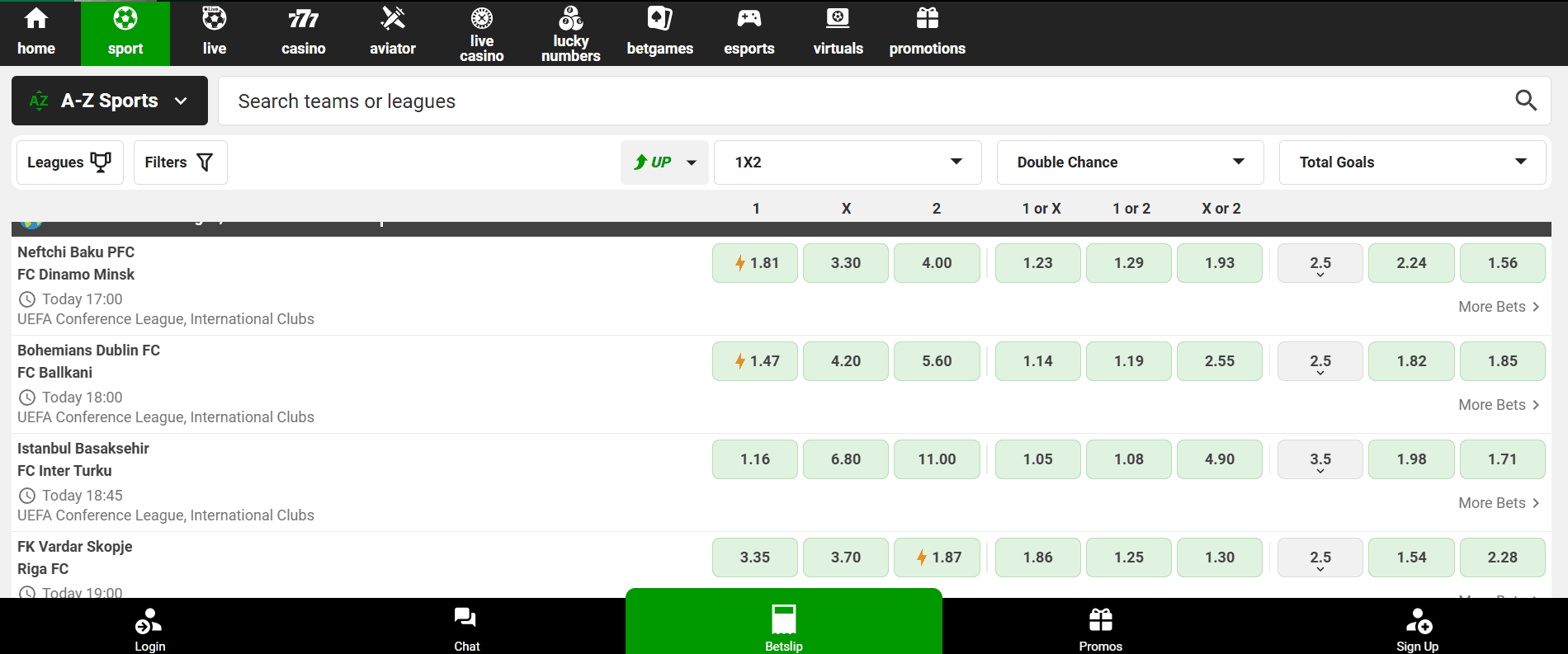 Bookmaker soccer market showing a clear favourite and outsider as decimal odds.
