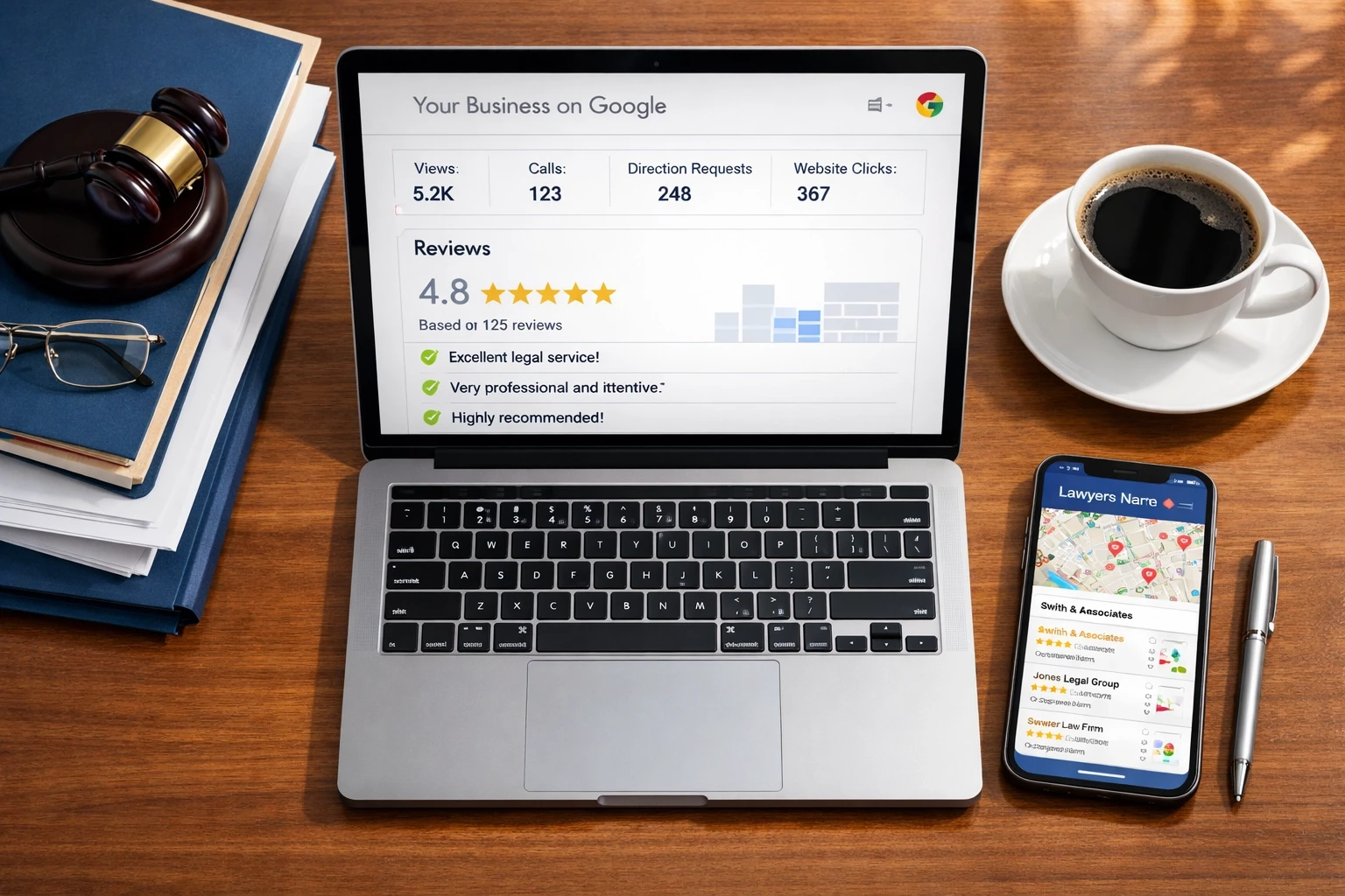 Law office desk with Google Business Profile dashboard and local SEO optimization tools