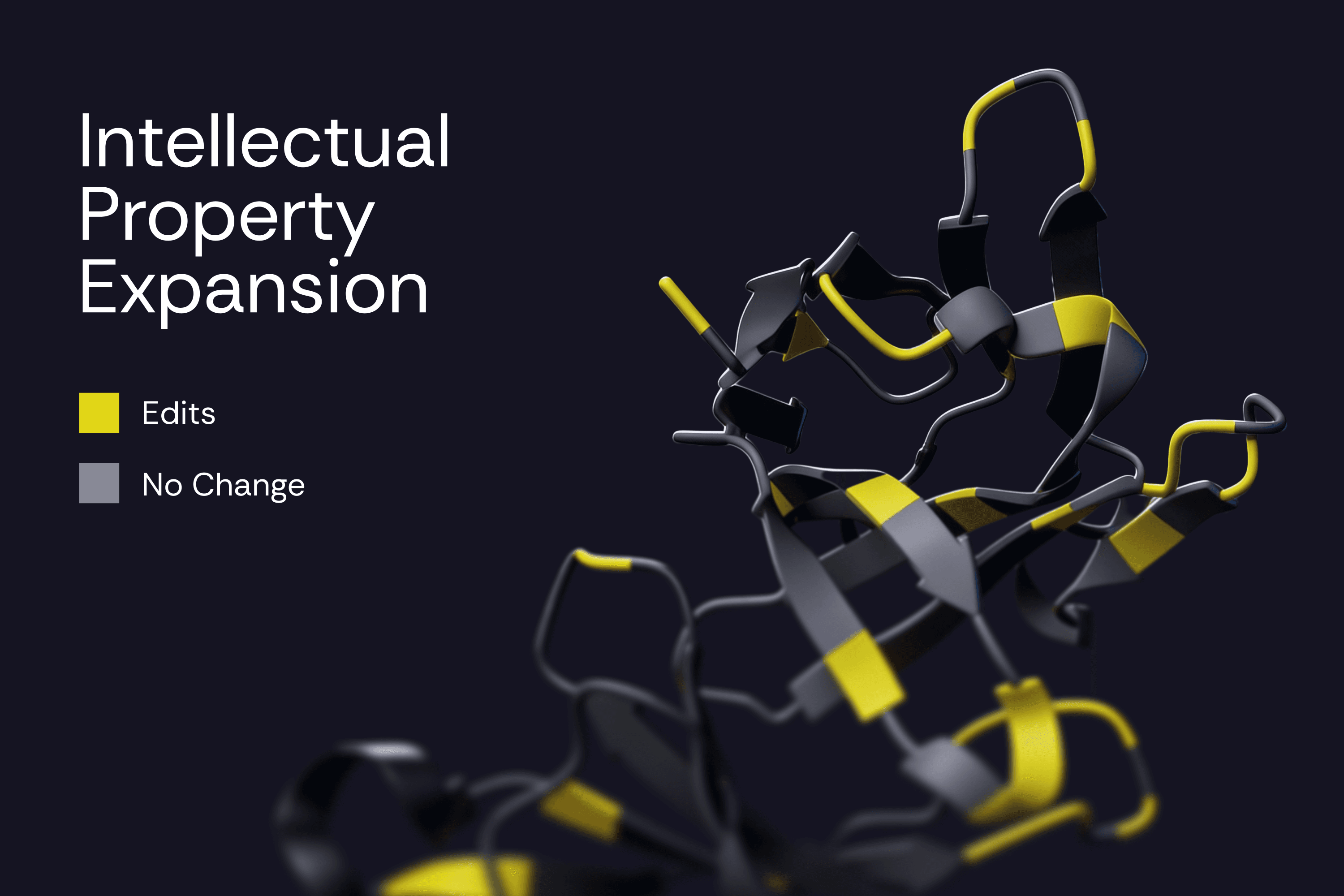 3D ribbon-like protein structure with yellow segments marking editable regions and grey segments marking non-editable regions. Text on the left reads ‘Intellectual Property Expansion’ with a small color legend for editable and non-editable areas