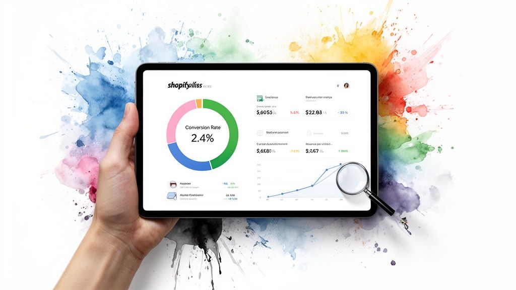 A hand holding a tablet displaying a Shopify analytics dashboard with a 2.4% conversion rate and colorful background.