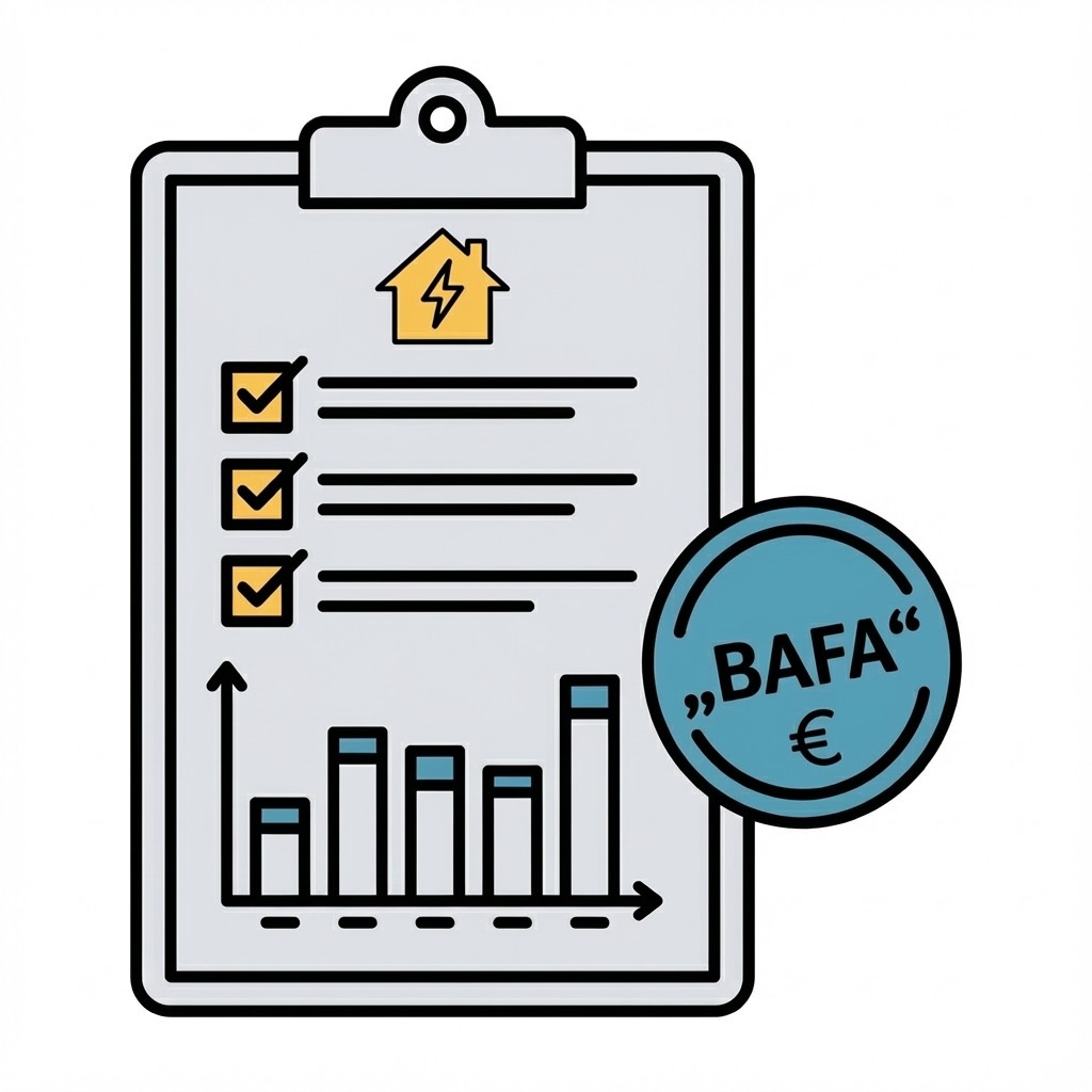 Grafik eines Klemmbretts mit Energie-Haus, Checkliste, Diagramm und blauem Siegel „BAFA €“ für Förderanträge.