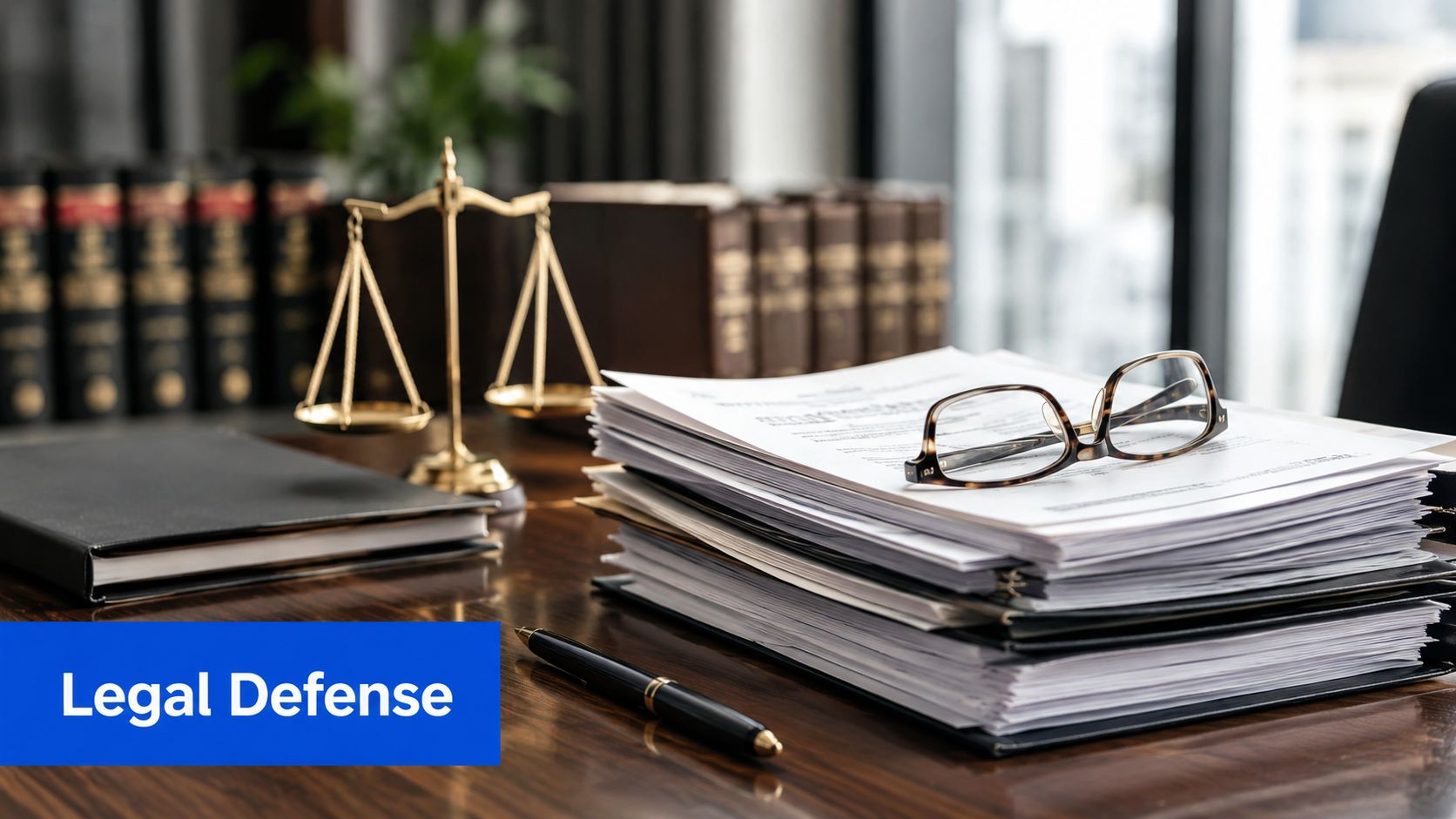 A stack of legal documents with glasses and a scale of justice on a desk.