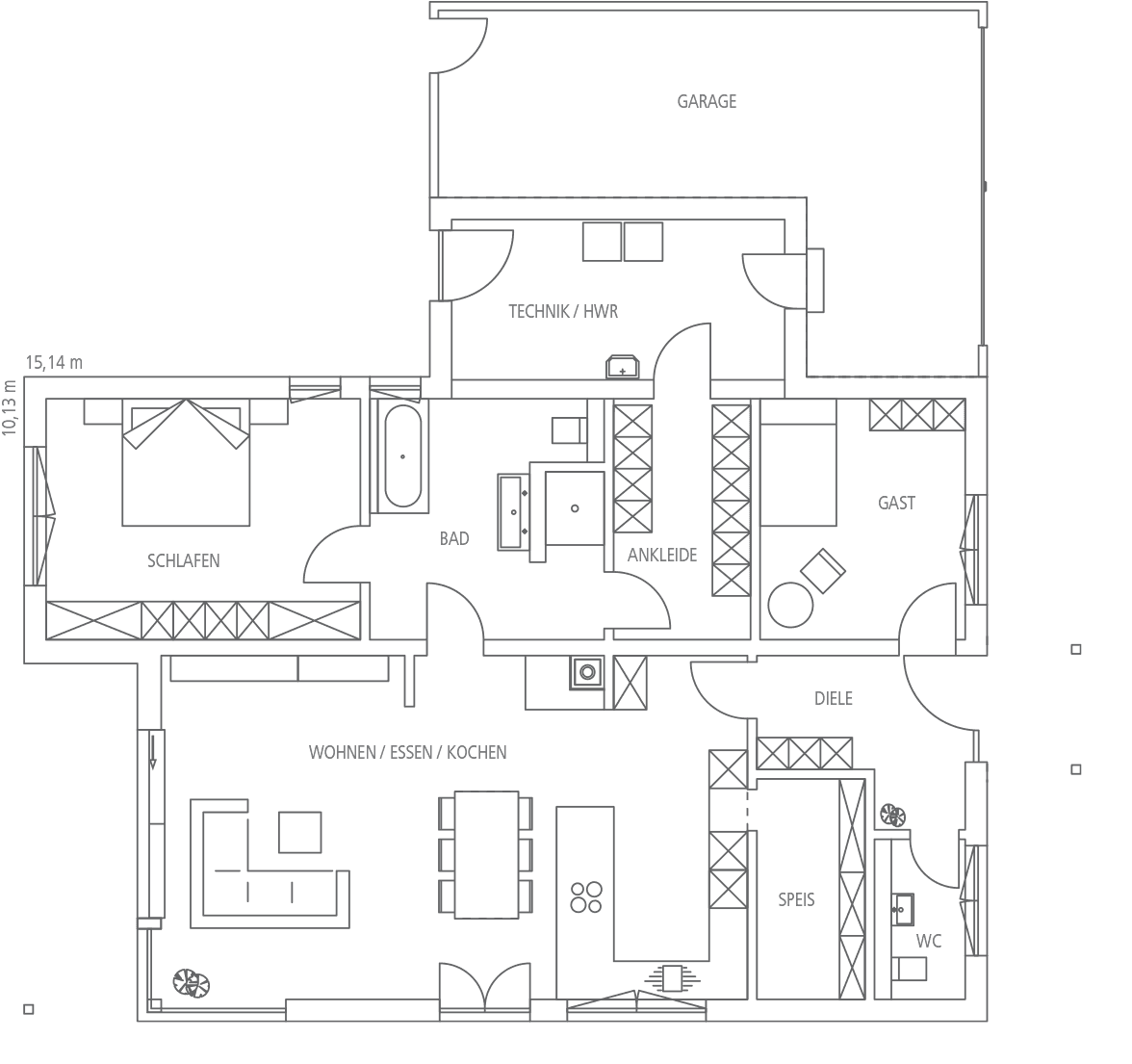 Grundriss eines Hauses mit Schlafzimmer, Bad, Ankleide, Gästezimmer, Diele, Speis, WC, Wohnen/Essen/Kochen und Garage.