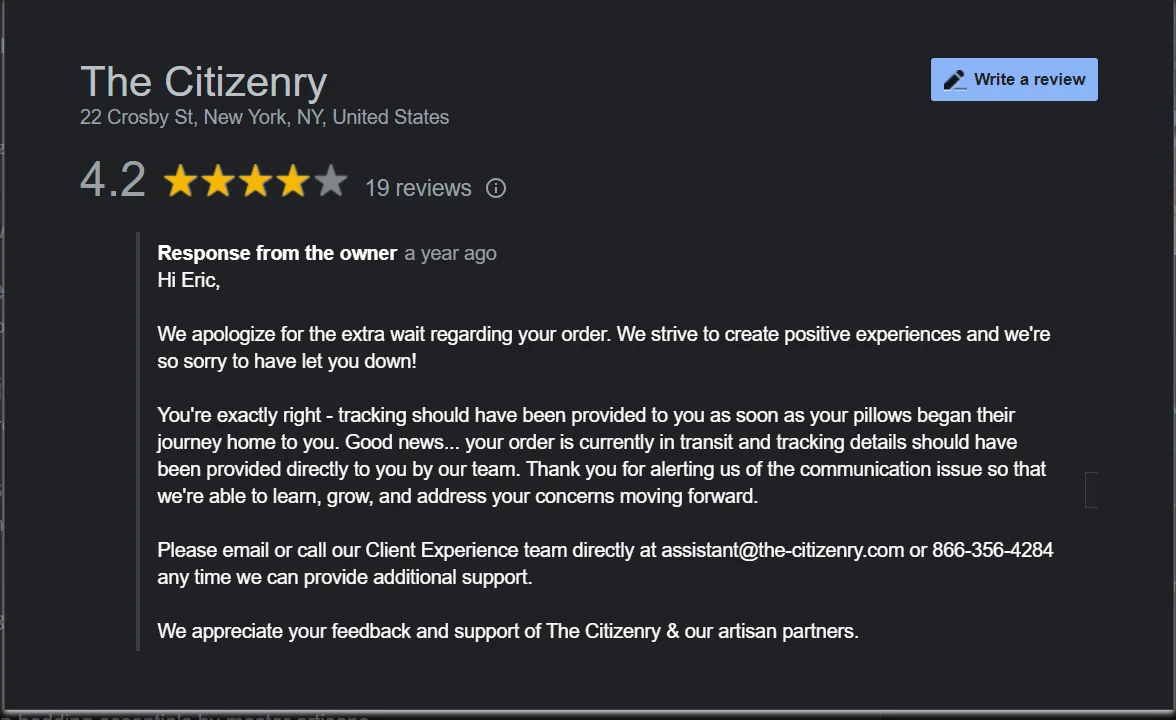 Business responding to negative review regarding shipping