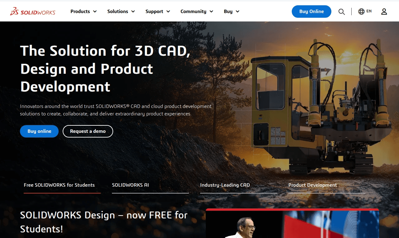 SOLIDWORKS homepage screenshot for 3D CAD design and product development software