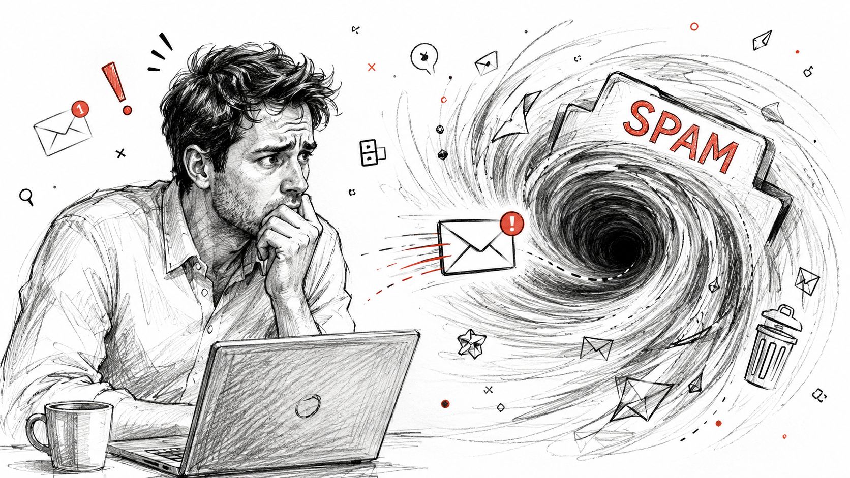 A concerned man sitting at his laptop looking at a swirling vortex of spam emails.