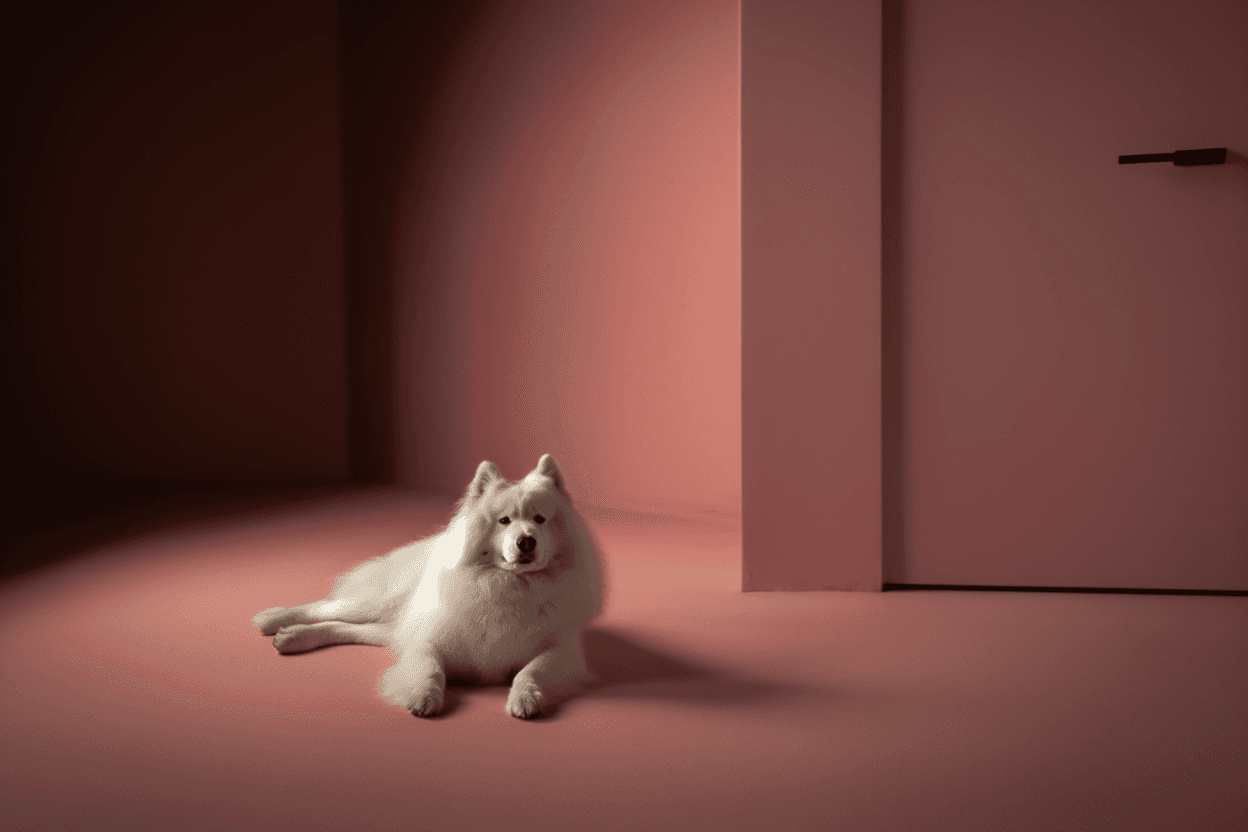 white dog resting by a door