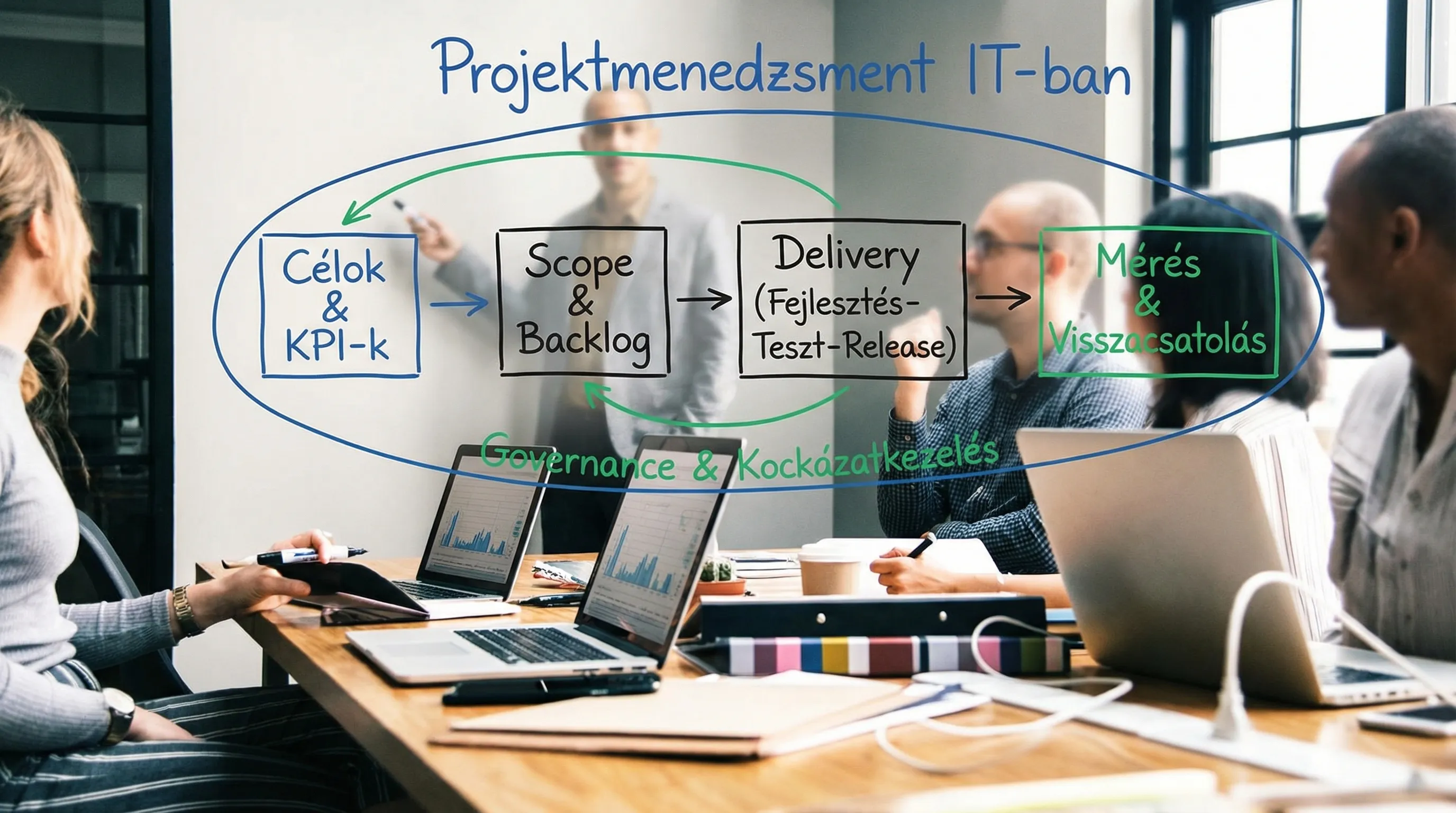 Projektmenedzsment IT-ban egyszerű ábra: célok és KPI-k, scope és backlog, delivery (fejlesztés-teszt-release), majd mérés és visszacsatolás, mindezt governance és kockázatkezelés fogja össze.