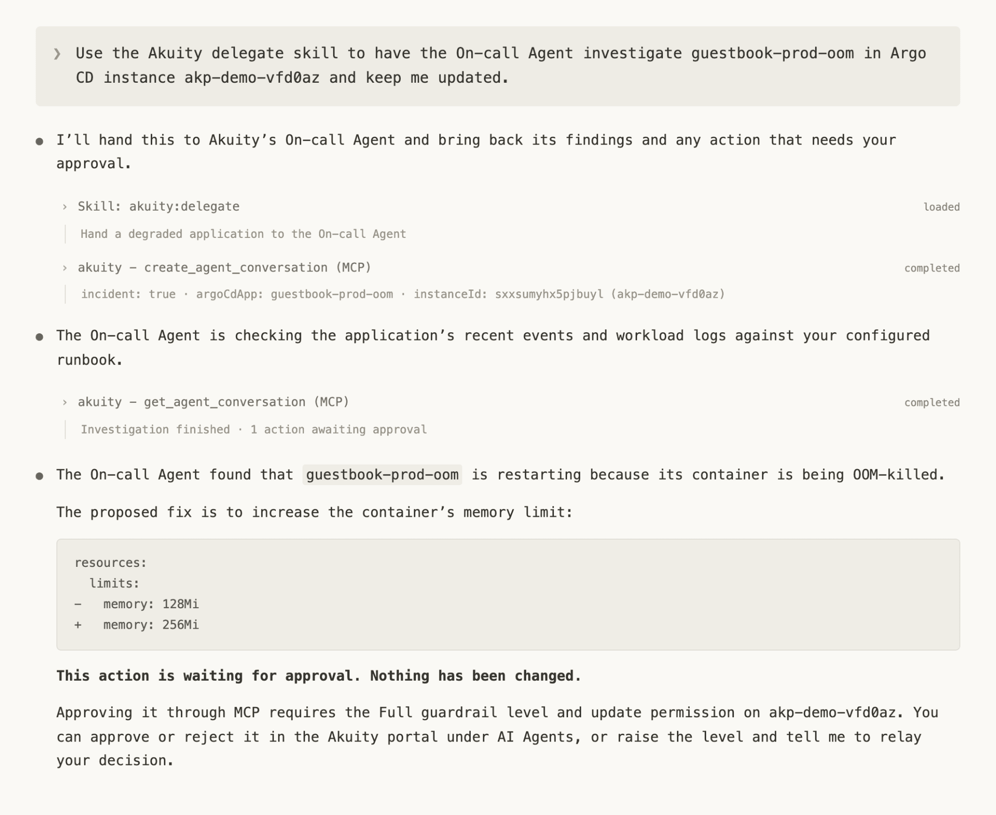 Figure 7: A real delegation conversation showing the On-call Agent's findings and the external client's follow-up.