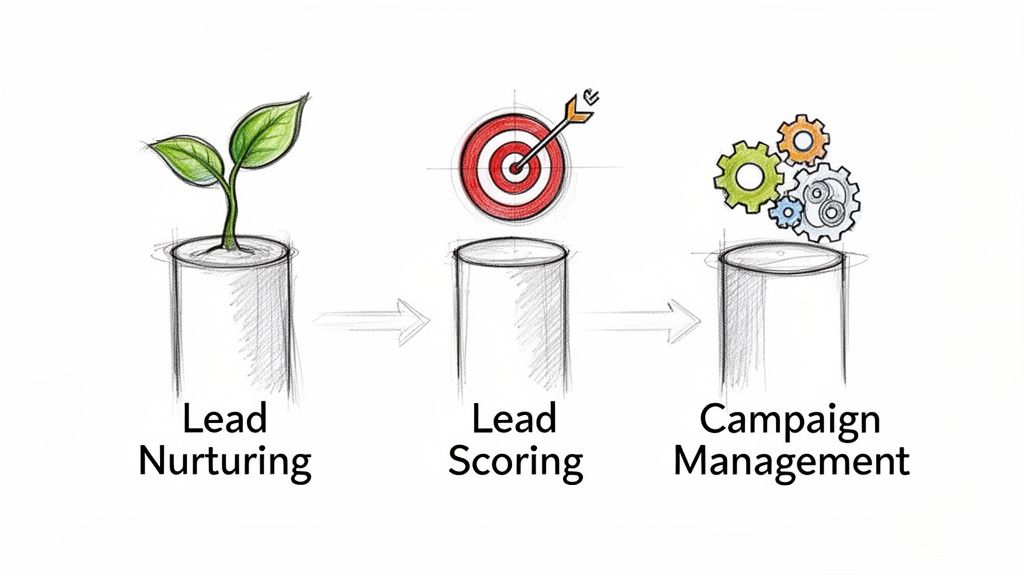 Illustration showing the steps of lead nurturing, scoring, and campaign management with growth, target, and gears.