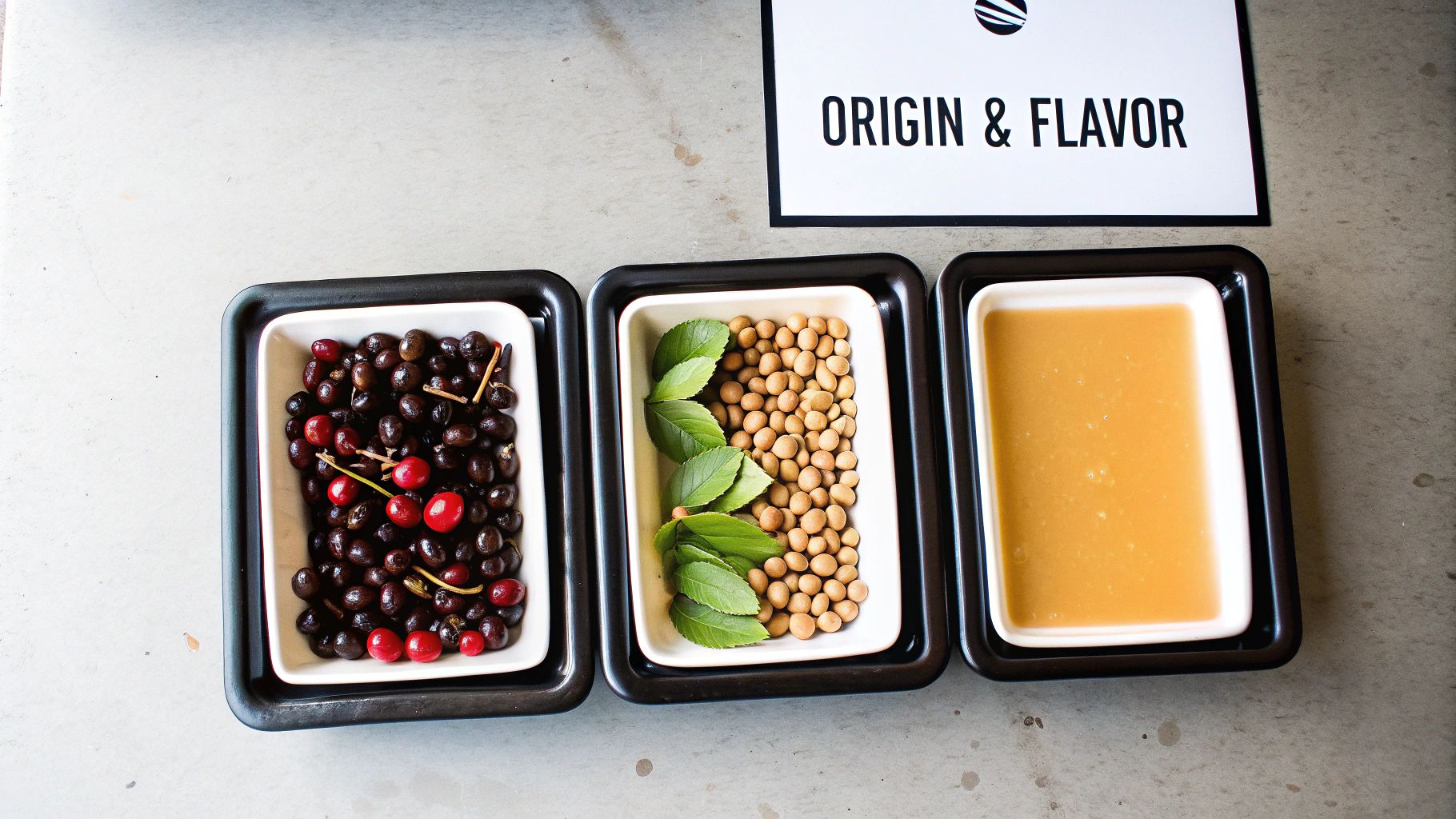 Three dishes presenting coffee cherries, beans, and a liquid sample for origin and flavor.