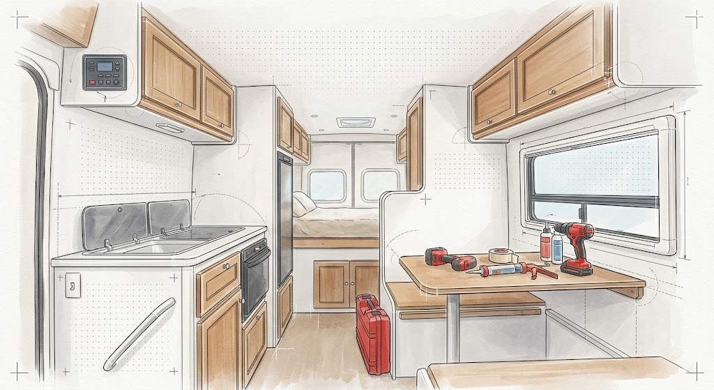 Custom walnut trim in overland RV interior