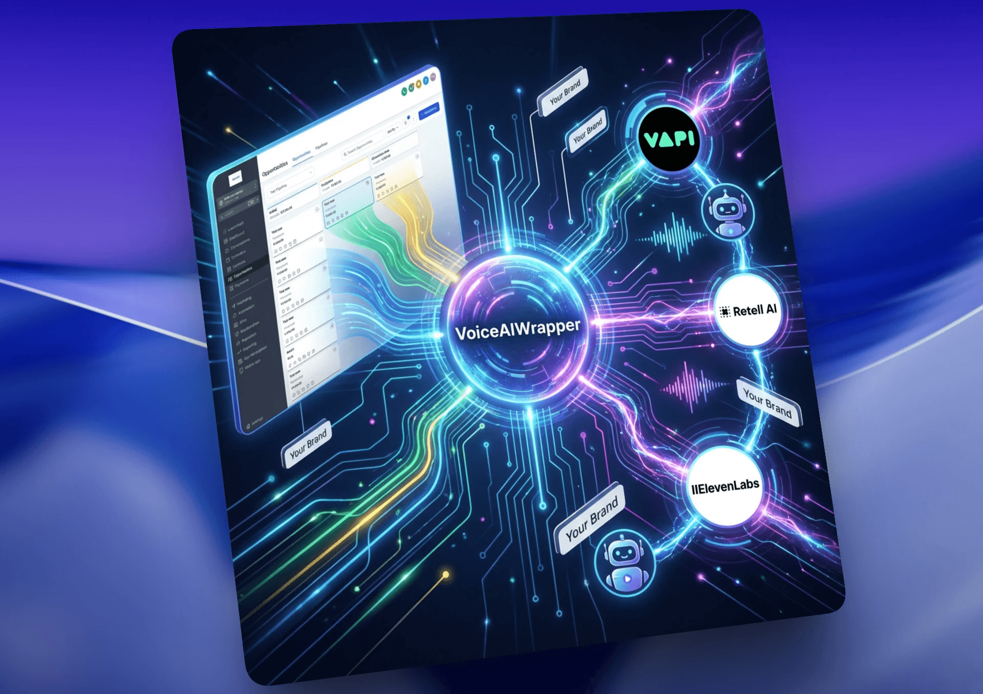 Multi-provider voice AI network showing VoiceAIWrapper connecting VAPI, Retell AI, ElevenLabs under your brand white label | VoiceAIWrapper