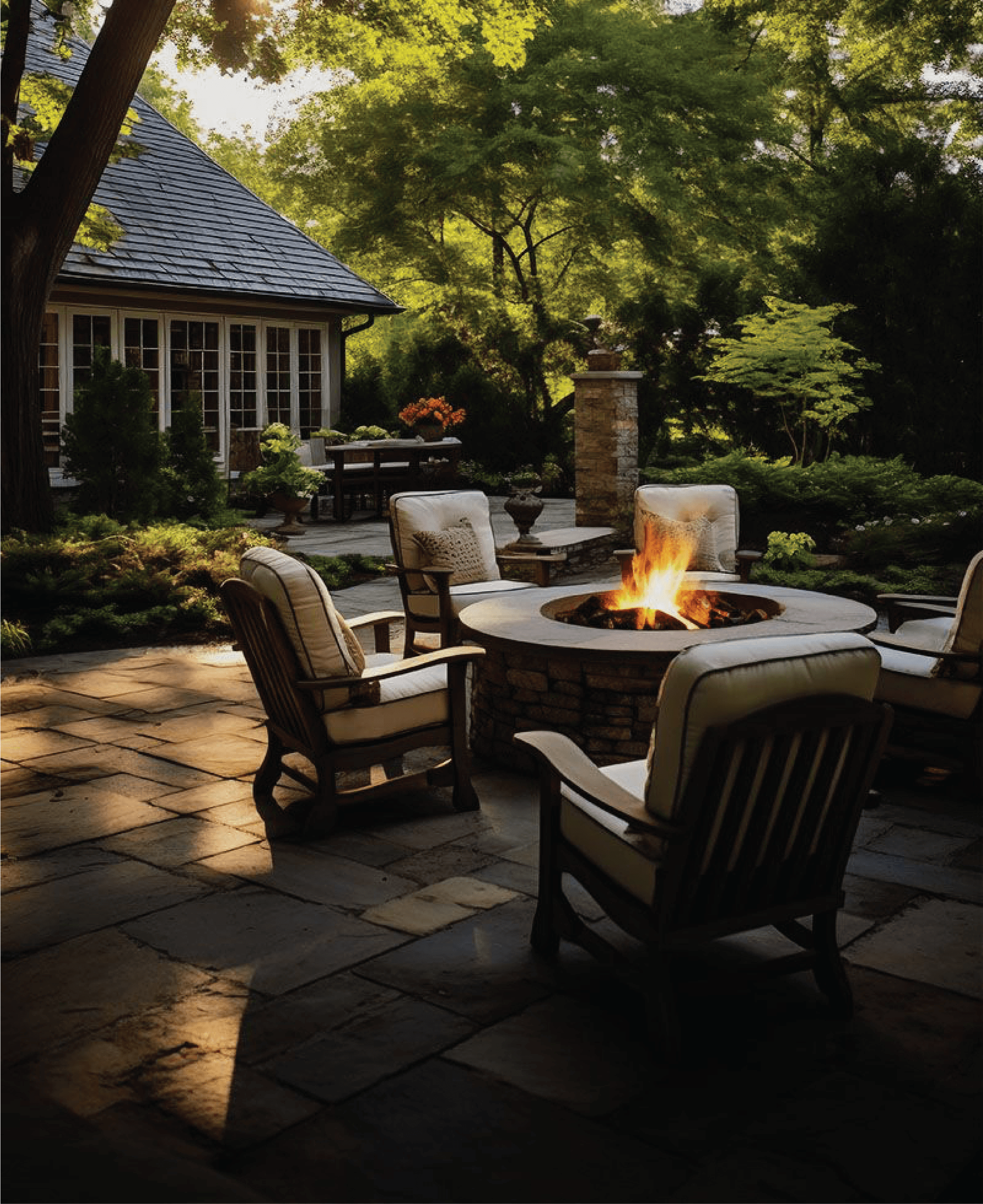 Modern glass buildings with illuminated facades and trees on a rainy day