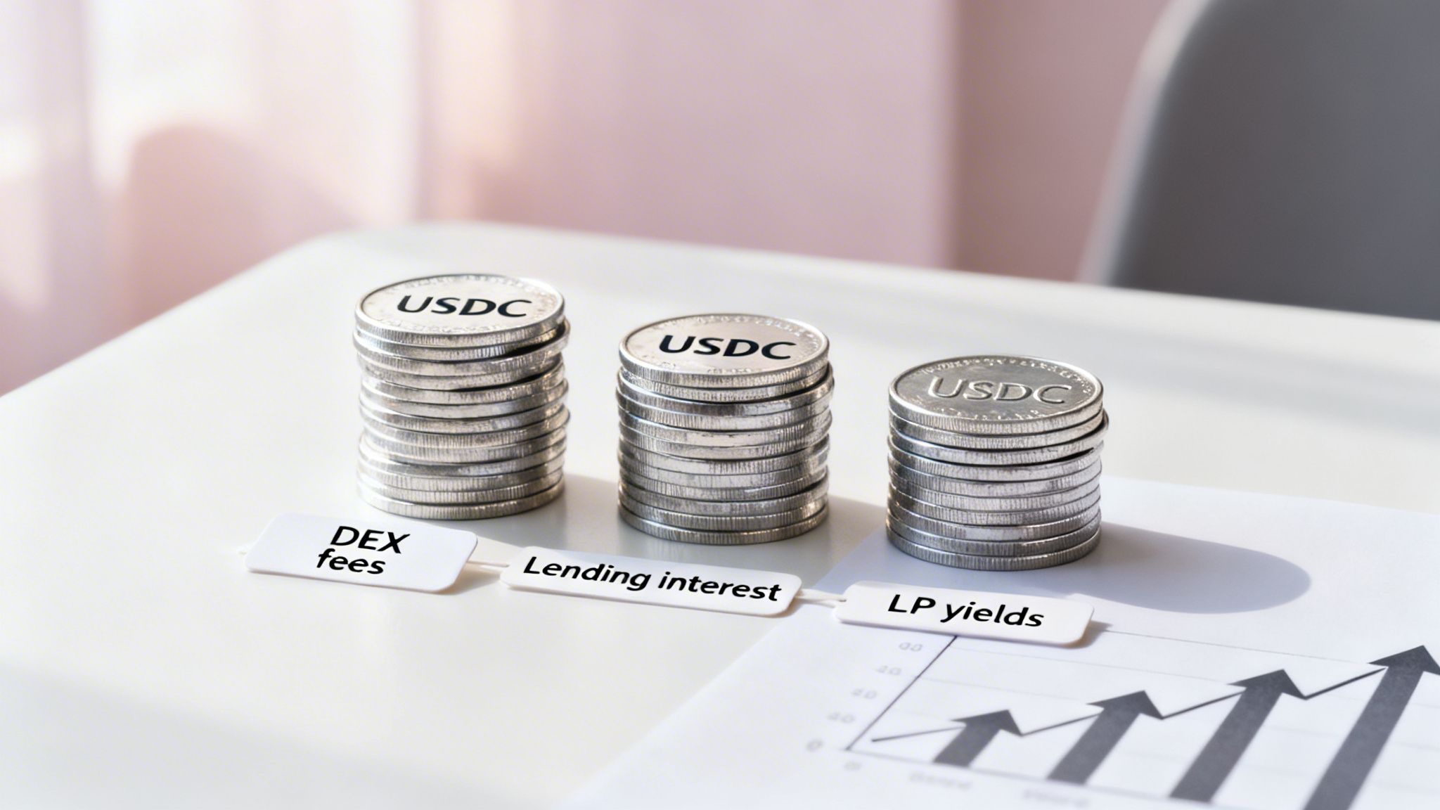 Three stacks of USDC coins representing DEX fees, lending interest, and LP yields, illustrating crypto earnings.