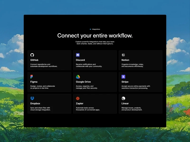 Kyros AI workflow integrations grid featuring GitHub, Discord, Notion, Figma, Google Drive, and Stripe