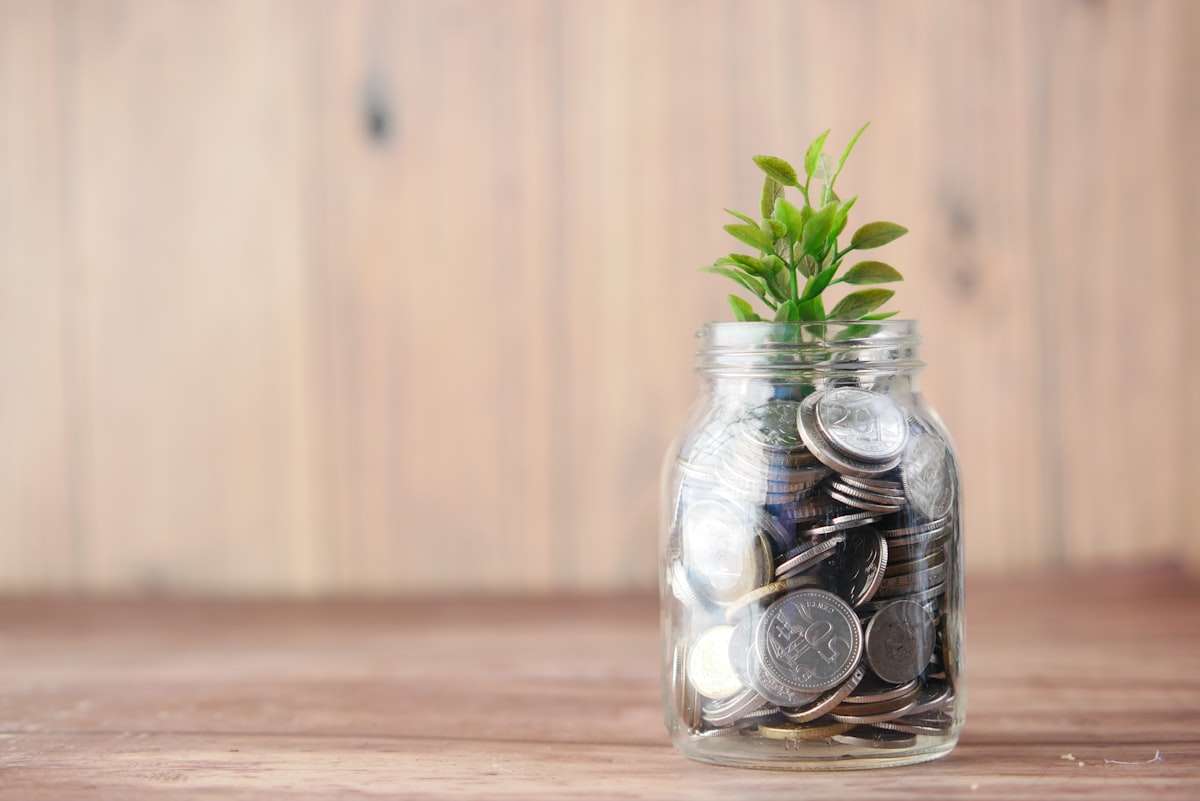 Frasco de vidrio con monedas y una planta