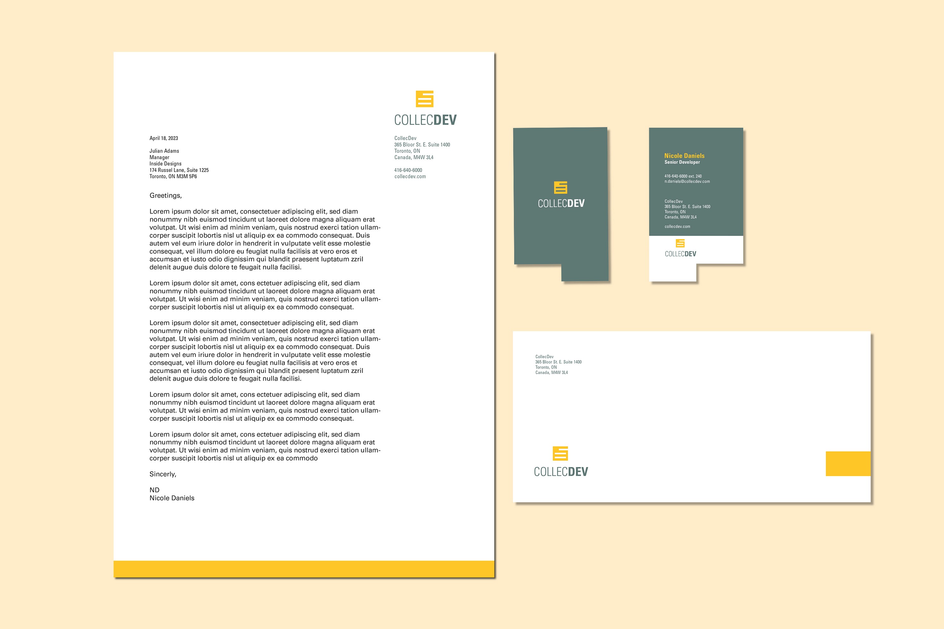 Stationery set for the company including a letterhead, envelope, and business card