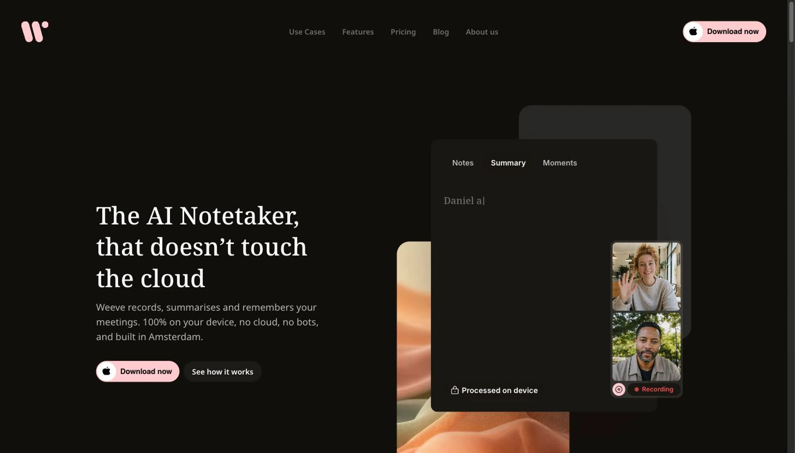 The Weeve homepage, headlined "The AI Notetaker, that doesn't touch the cloud"