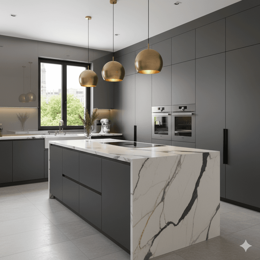 Ultra-modern gourmet kitchen with large marble island and black cabinetry in M3M luxury apartment