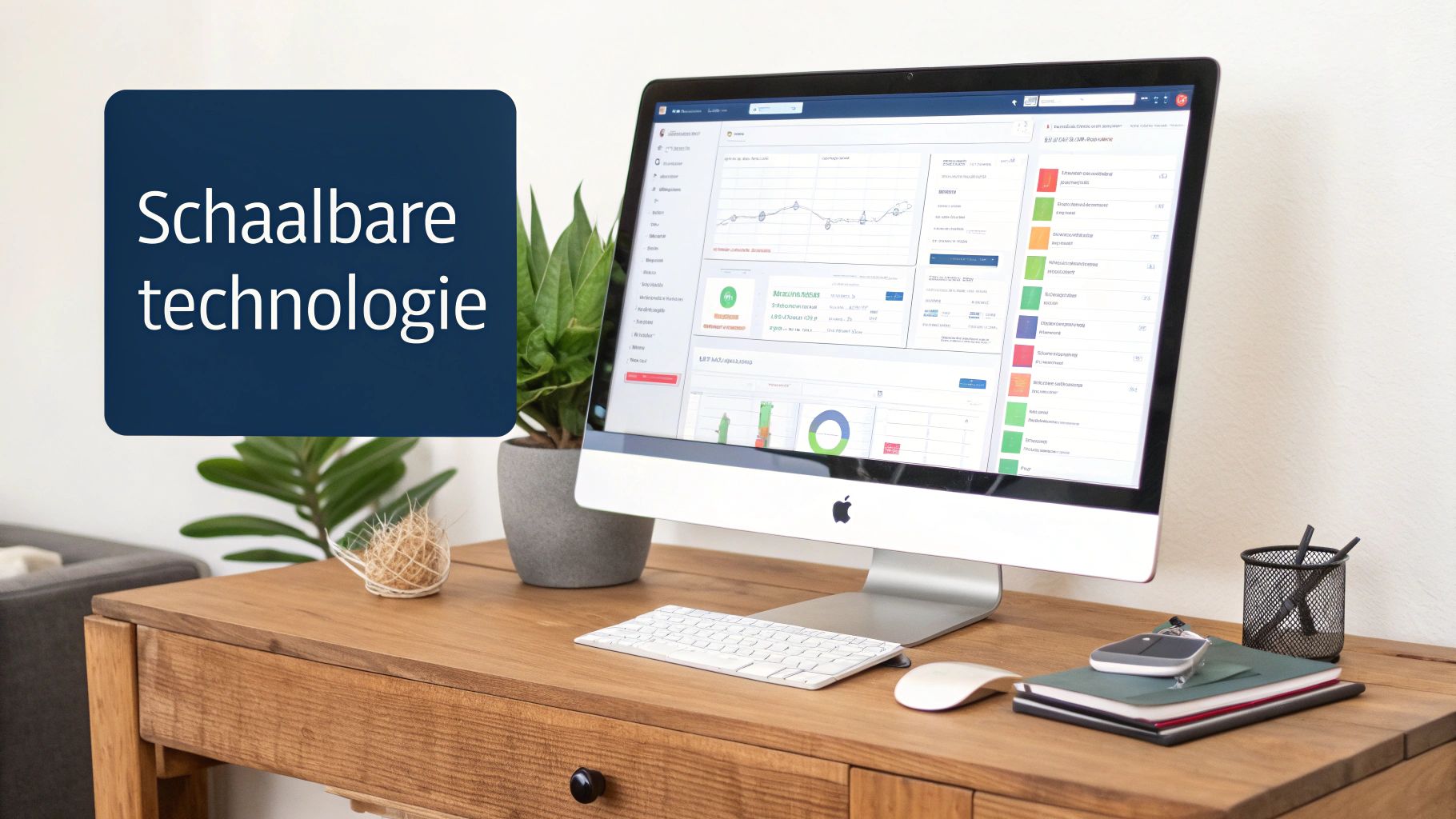 Een kantoorwerkplek met een iMac computer die een dashboard toont, naast een overlay met 'Schaalbare technologie'.