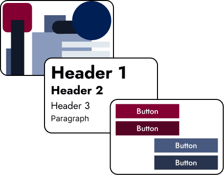 Icons depicting the style guide, including a dark blue and reddish-pink color palette, interactive button designs, and header choices.