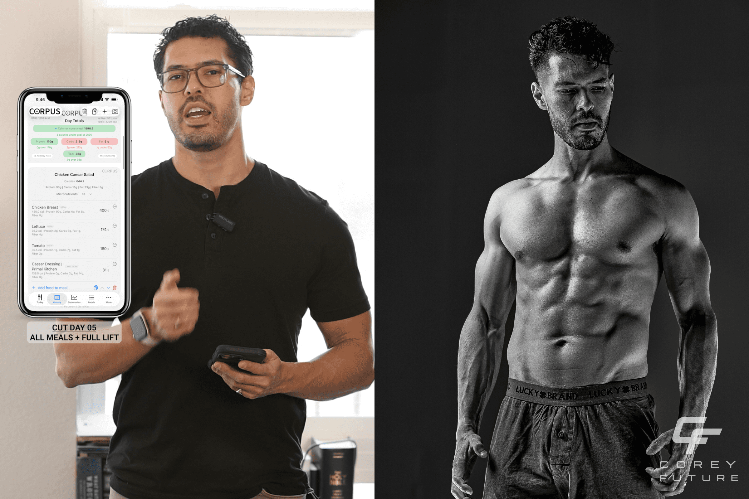 A full Friday cutting day with 1,997 calories, 170g protein, arm training, abs, and a restaurant meal tracked with CORPUS. Import the exact meal and lift templates.