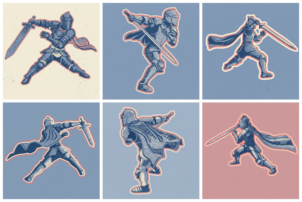 Six orbit angles of the figure restyled using reference images without any training