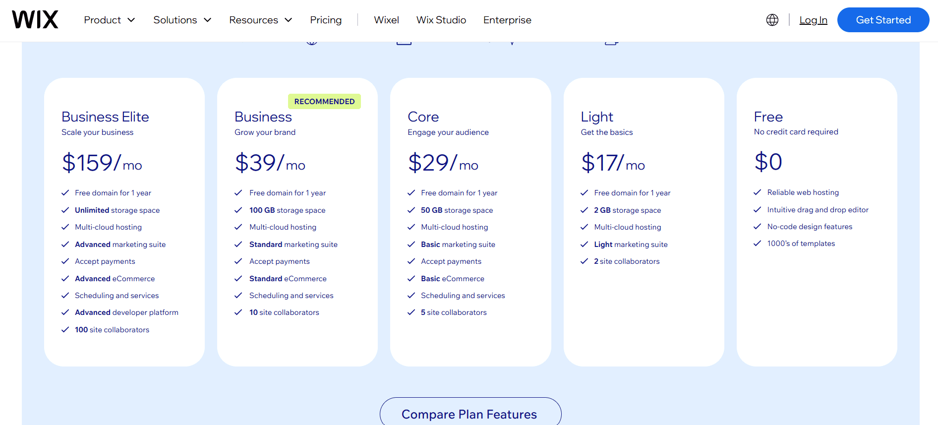 Wix pricing page