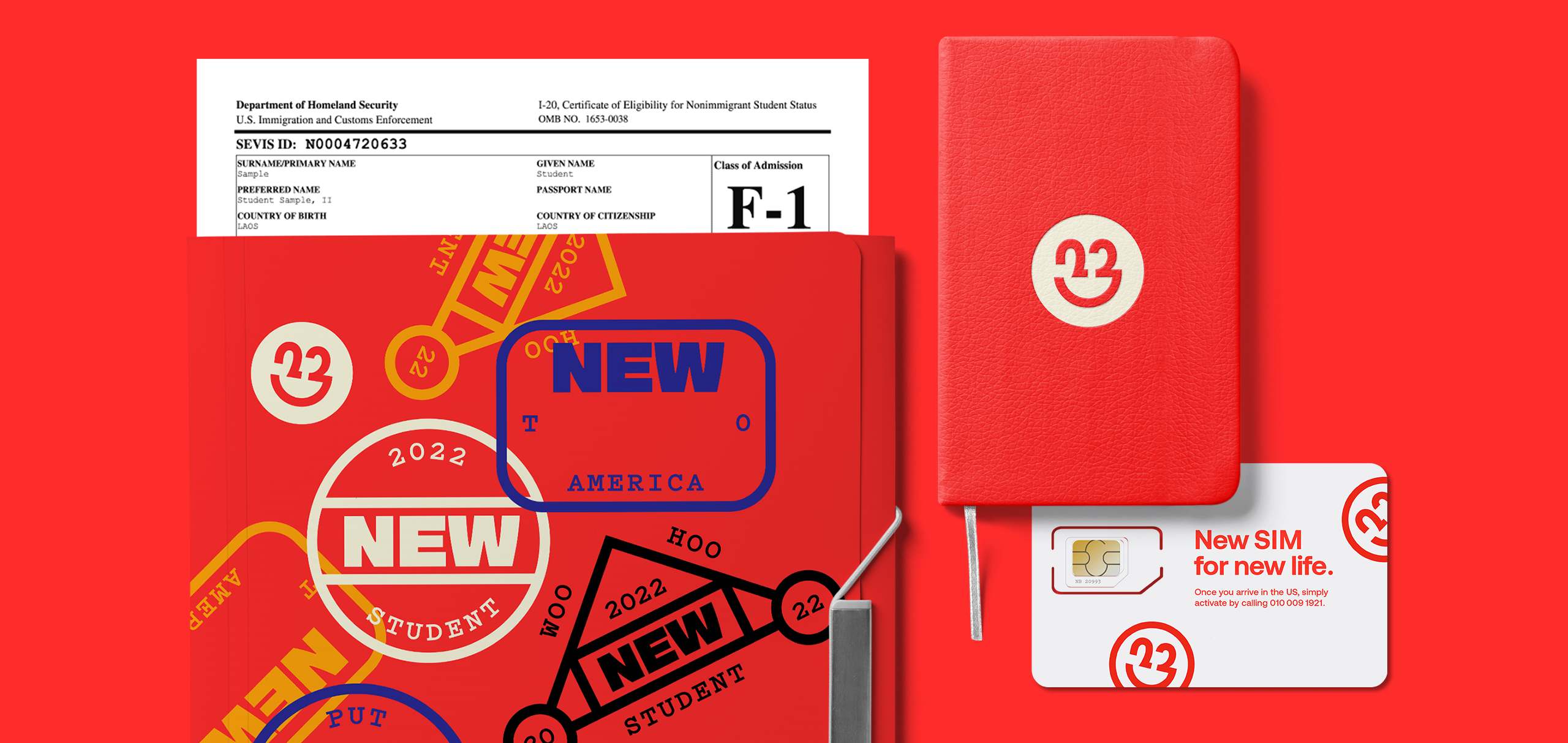 A red folder with a white label displaying "U.S. Immigration and Customs Enforcement" and "U.S. ID: N0004720633" is positioned on a red background. Inside the folder are stickers with “NEW” and “STUDENT” designs. A red leather-bound notebook with a white “23” logo and a white card reading “New SIM for new life” with a phone number are also present.