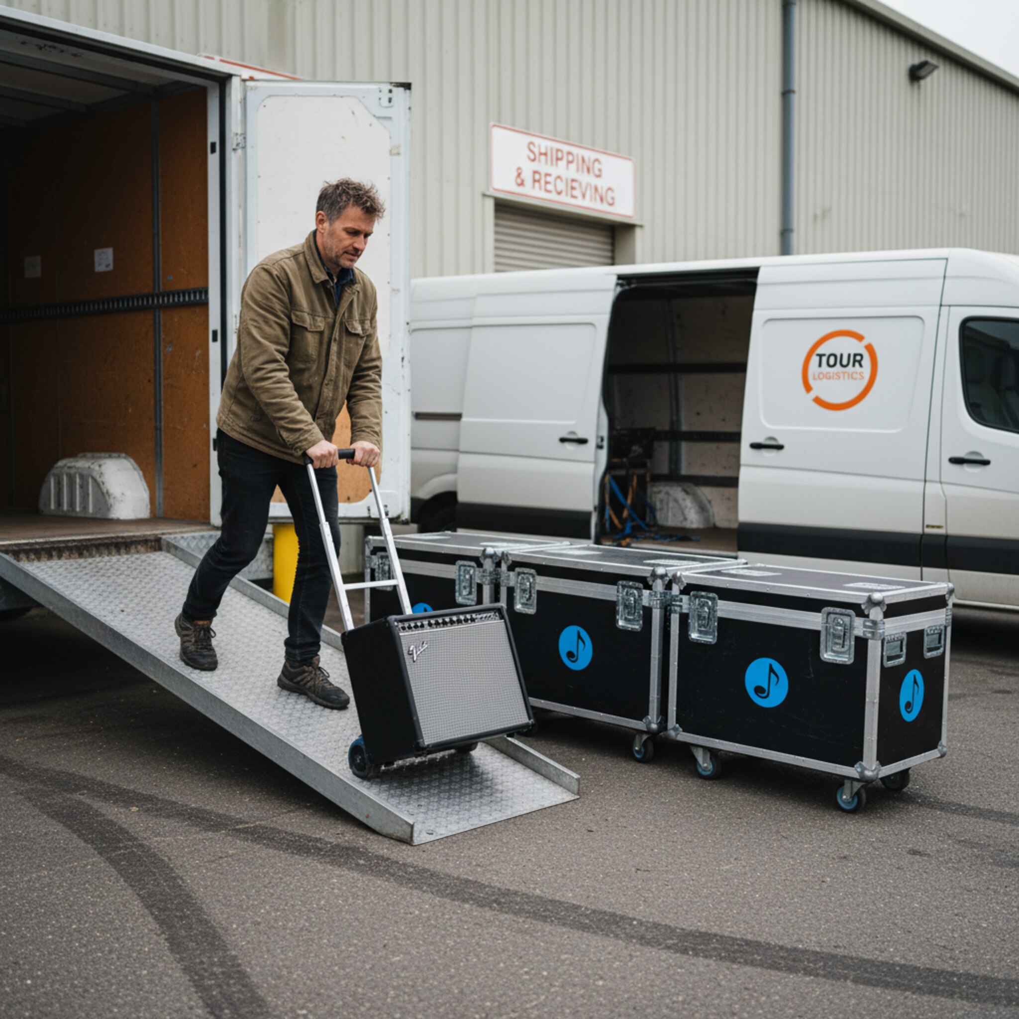 Vor einem Lager rollt eine Person einen kompakten Amp auf eine Rampe, während Cases bereitstehen. Ein Lieferfahrzeug wartet bei diffusem Tageslicht. Die Szene wirkt eingespielt und strukturiert, als wäre die Route klar und die nächste Station bereits eingeplant.