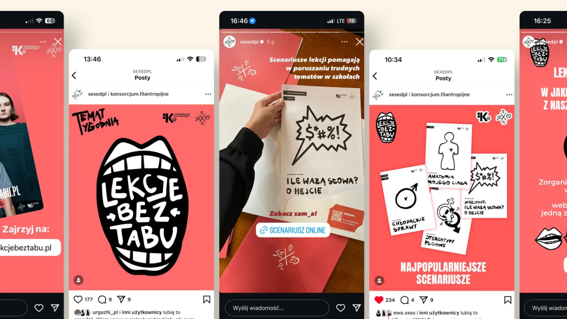 Kolaż ekranów smartfonów z postami kampanii Lekcje bez tabu