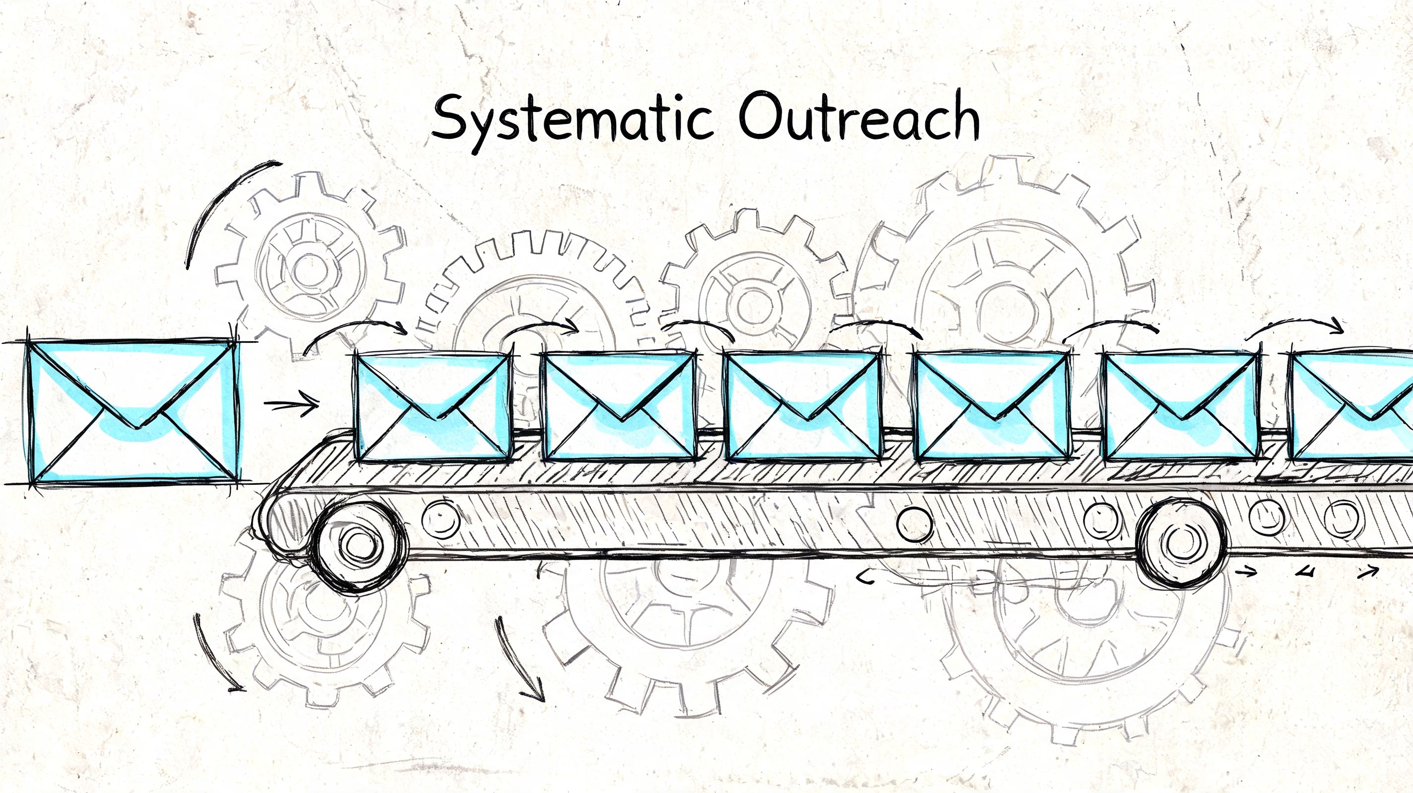 A hand-drawn illustration depicting a conveyor belt moving envelopes to represent the concept of systematic outreach.