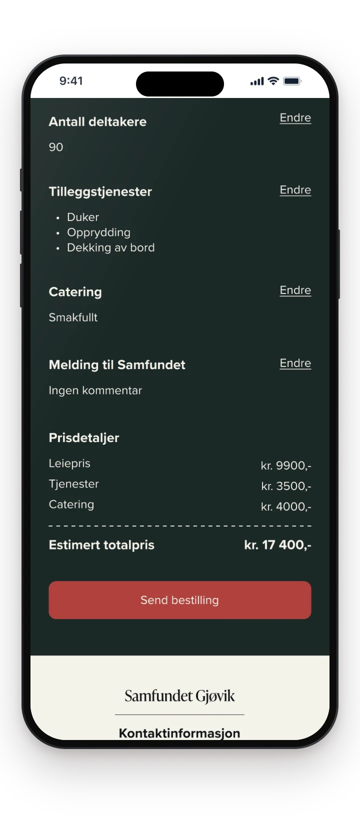 Sammendrag (summary) step on a phone, scrolled to the chosen services, catering and price details, with an estimated total of kr 17 400 and the Send bestilling (send request) button.