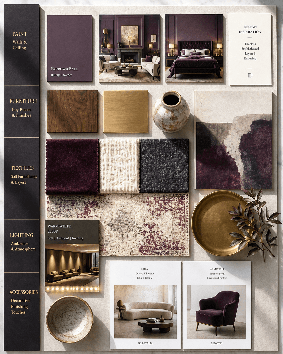Elegant dining room mood board featuring Farrow & Ball Brinjal No.222 paint swatches, luxurious velvet and bouclé fabric samples, warm wood and brass finishes, ambient lighting inspiration, and curated furniture pieces including a curved sofa and plush armchair. The board highlights a sophisticated, layered, and timeless interior design concept with rich plum, cream, and gold tones, perfect for a modern, inviting dining or living space.