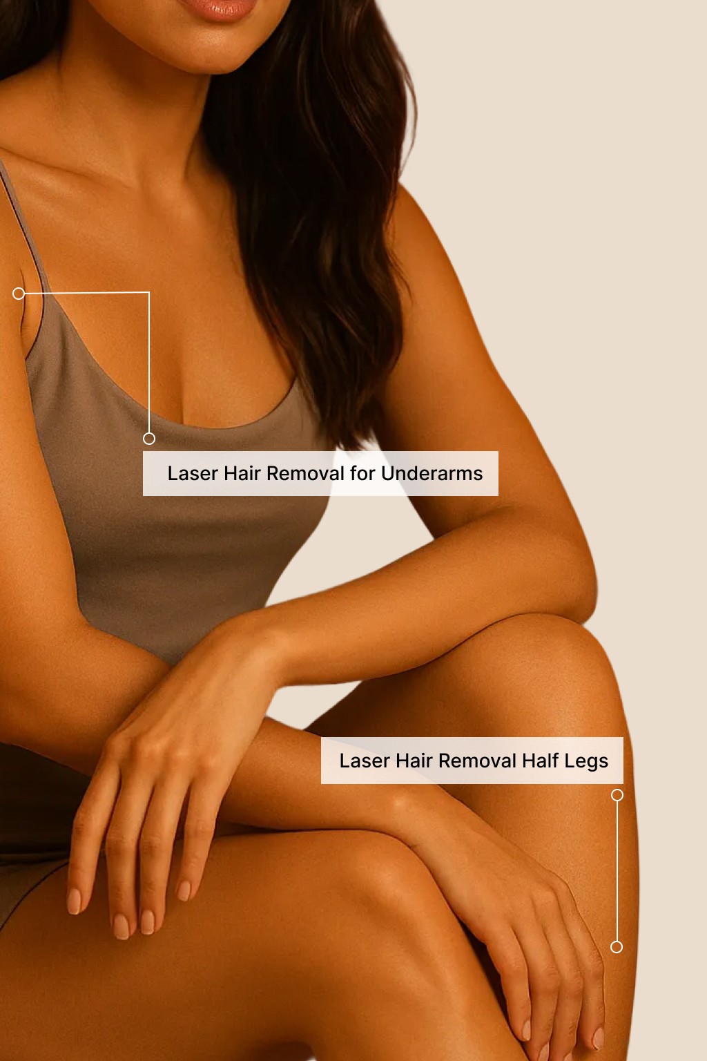 Gril Woman sitting with underarm and lower leg areas highlighted for laser hair-removal treatments.with brutal lightneing background