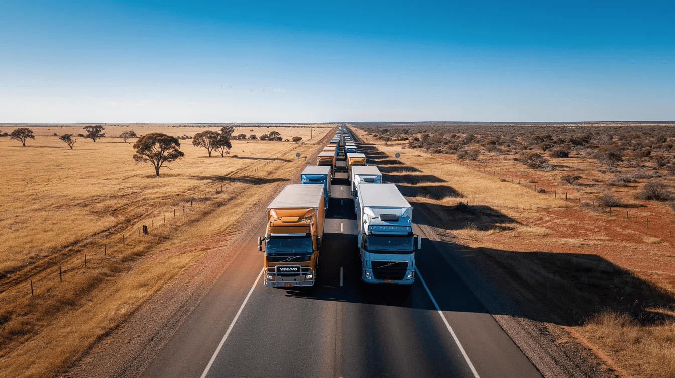 A fleet of trucks is seen driving along an open Australian highway, surrounded by a flat rural landscape that stretches into the distance. This image highlights the importance of truck finance for business owners looking to expand their operations and improve cash flow in a competitive market.