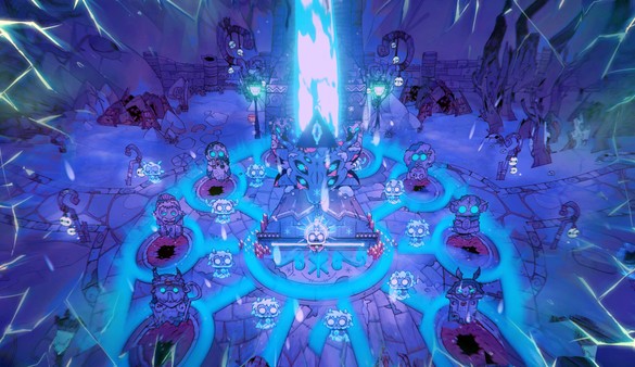 Screenshot Cult of the Lamb sur PC Steam, rituel mystique avec fidèles autour d’un autel, progression du culte et mécaniques de gestion dans un univers occulte
