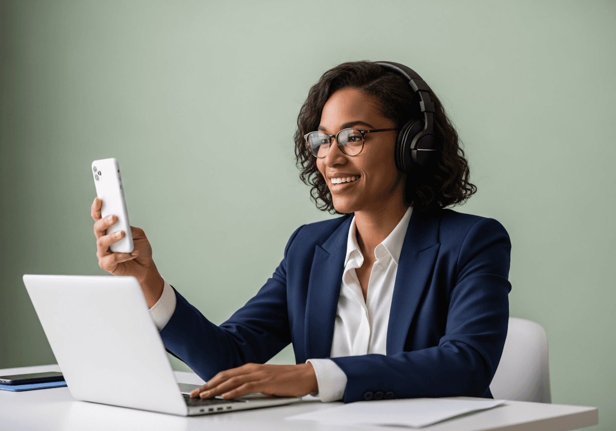 A professional woman in a blazer and headphones smiles while using a smartphone and laptop, set against a soft green background.