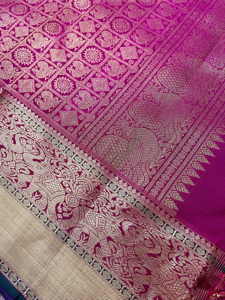 Parrot Green and Pink Kanchivaram Silk Saree