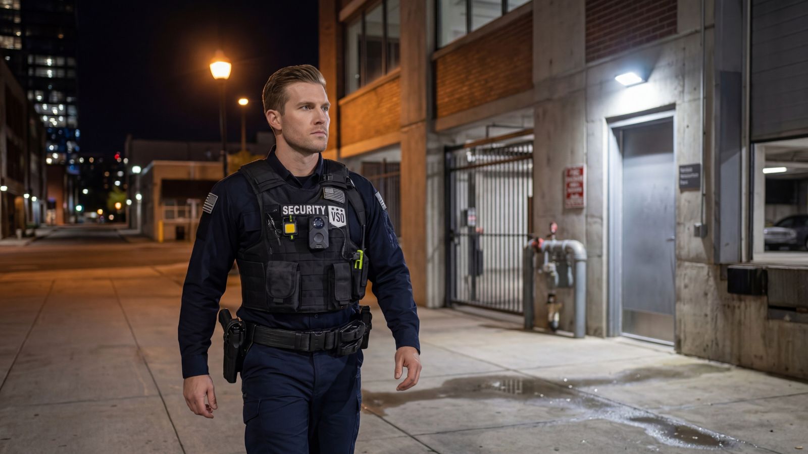 Uniformed VSO armed security officer on duty at a high-value Washington State client site