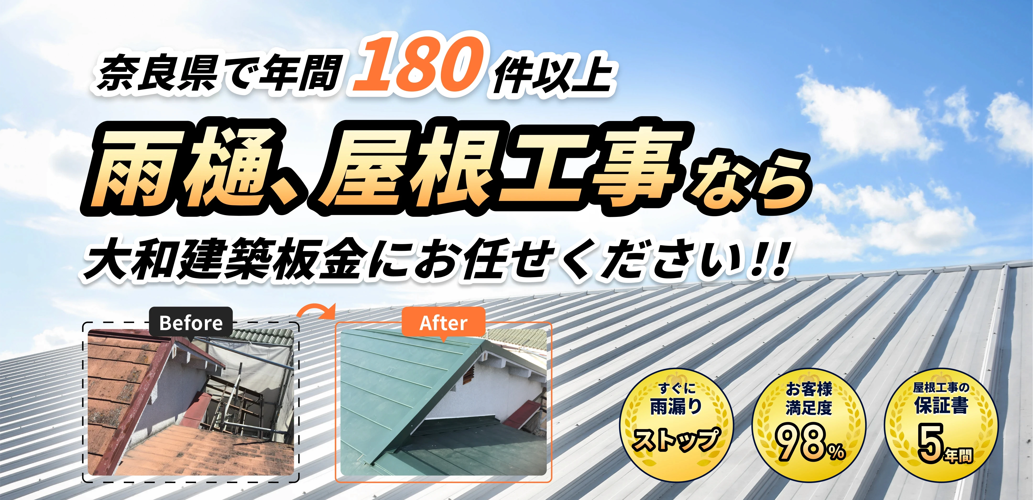 奈長県で年間180件以上。雨樋、屋根工事なら 大和建築板金にお任せください。施工後の雨漏り0件。お客様満足度98%