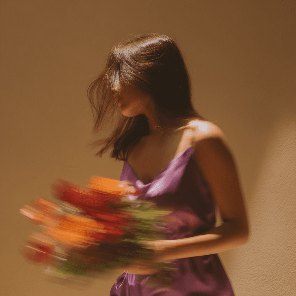Women with flowers running motion blur 